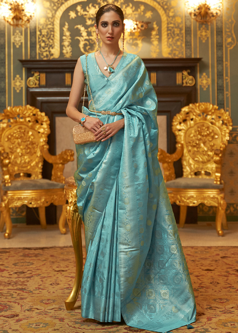 Gulf Stream Blue Zari Woven Banarasi Brocade Saree