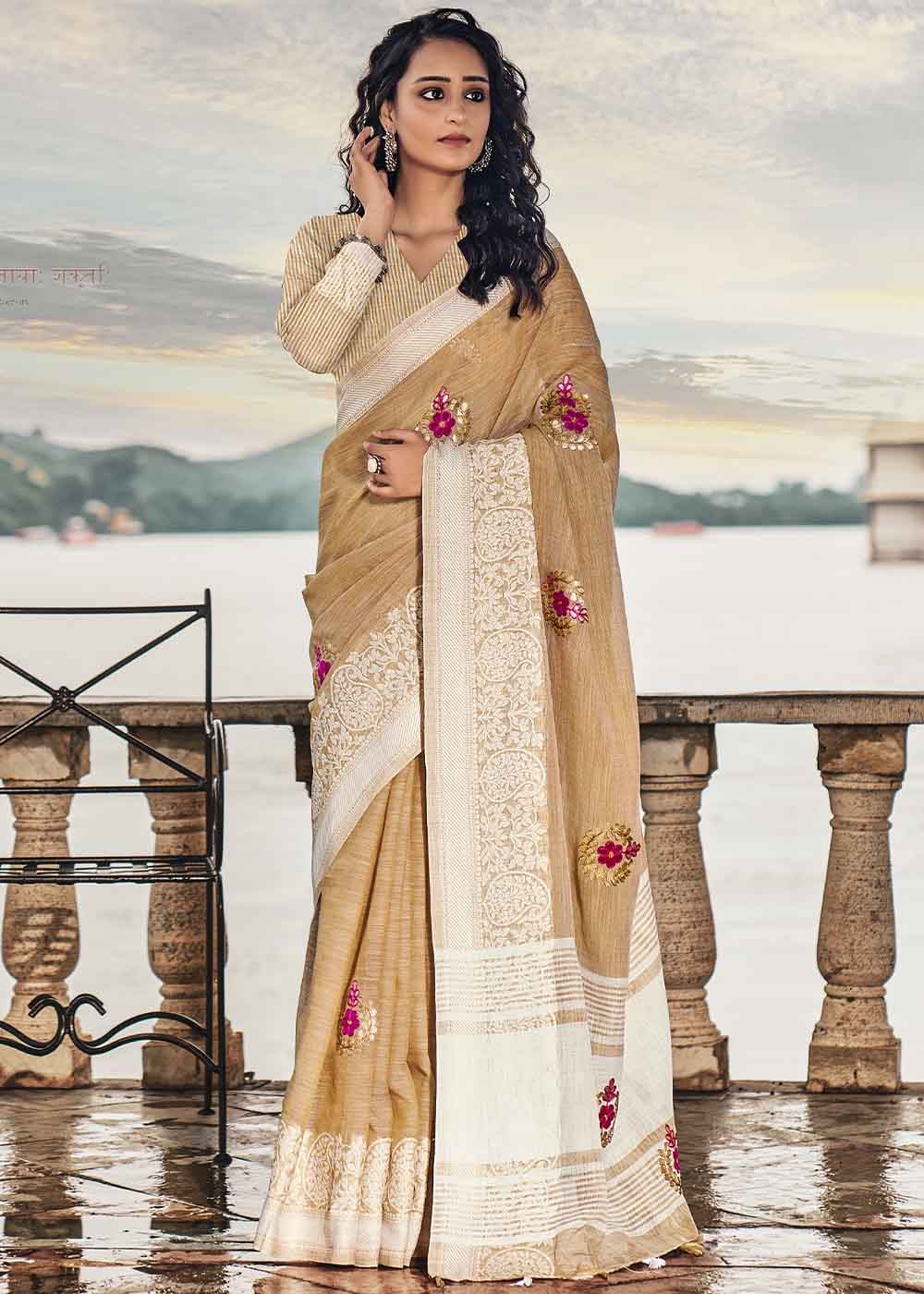 Twine Cream Zari Woven Soft Linen Silk Saree