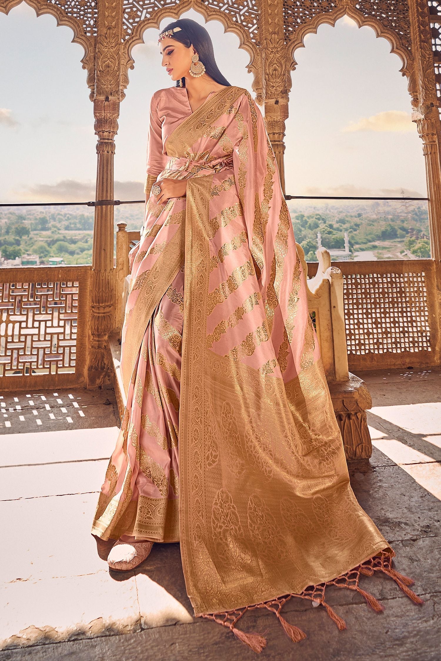 Copperfield Peach Banarasi Woven Silk Saree