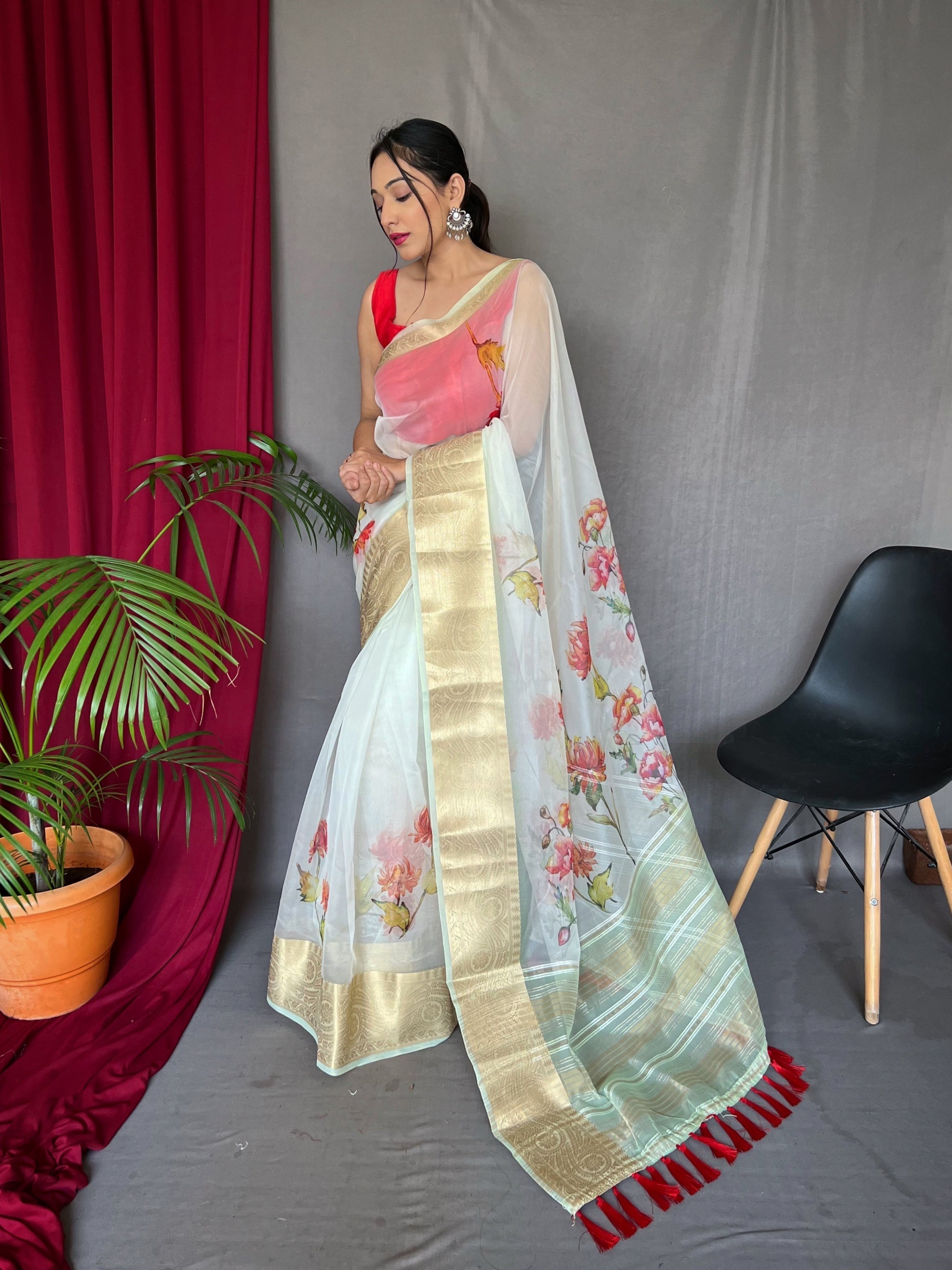 Pale Blue Organza Digital Floral Printed Saree