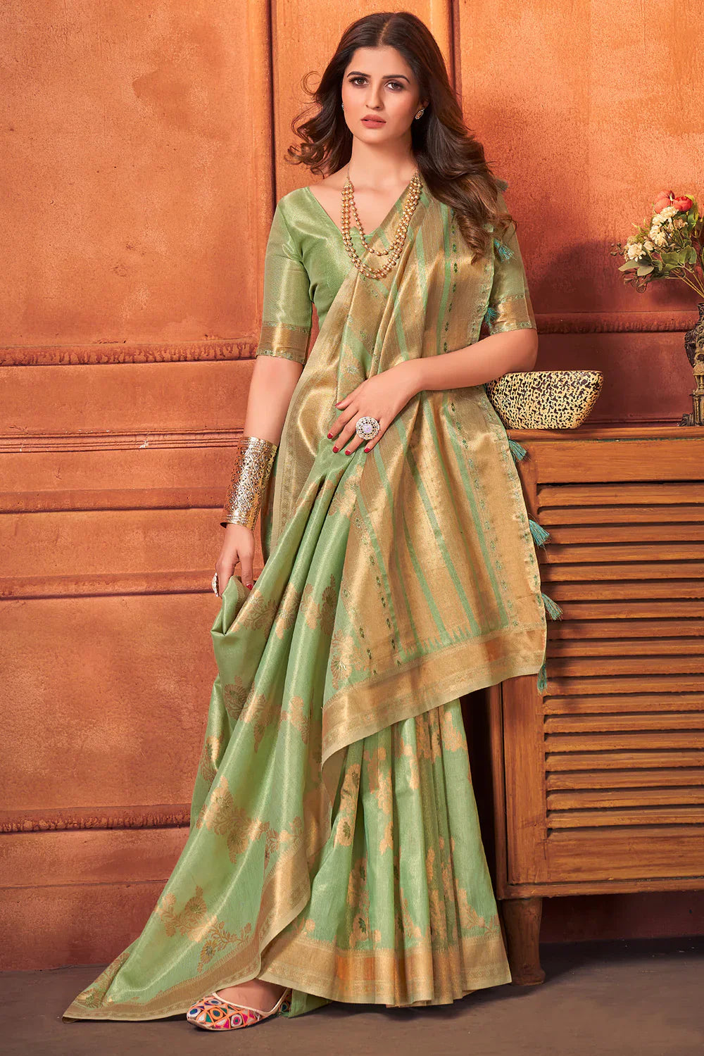 Green Smoke Cotton Tissue Silk Saree