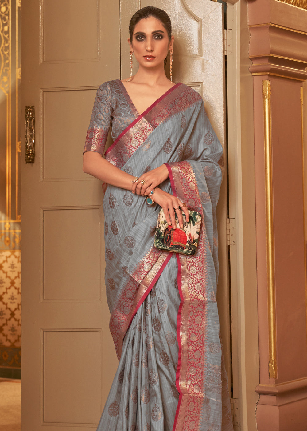 Star Dust Grey Zari Woven Banarasi Linen Saree