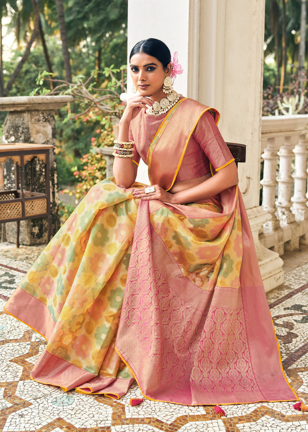 Wild Rice Yellow and Pink Woven Organza Banarasi Silk Saree