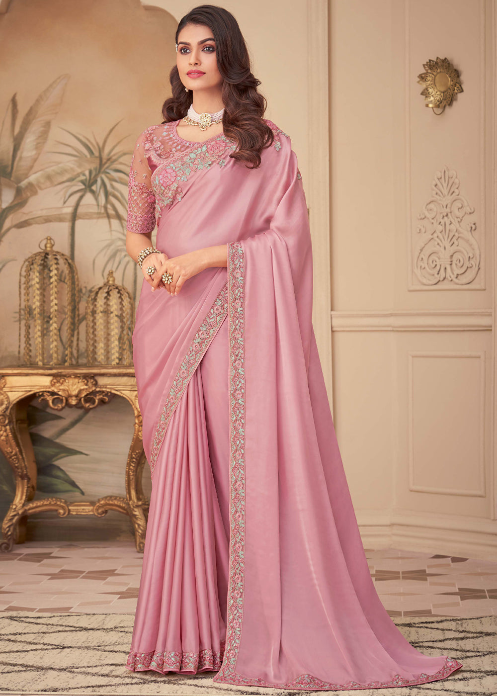 Mandys Pink Georgette Designer Saree with Embroidered Blouse