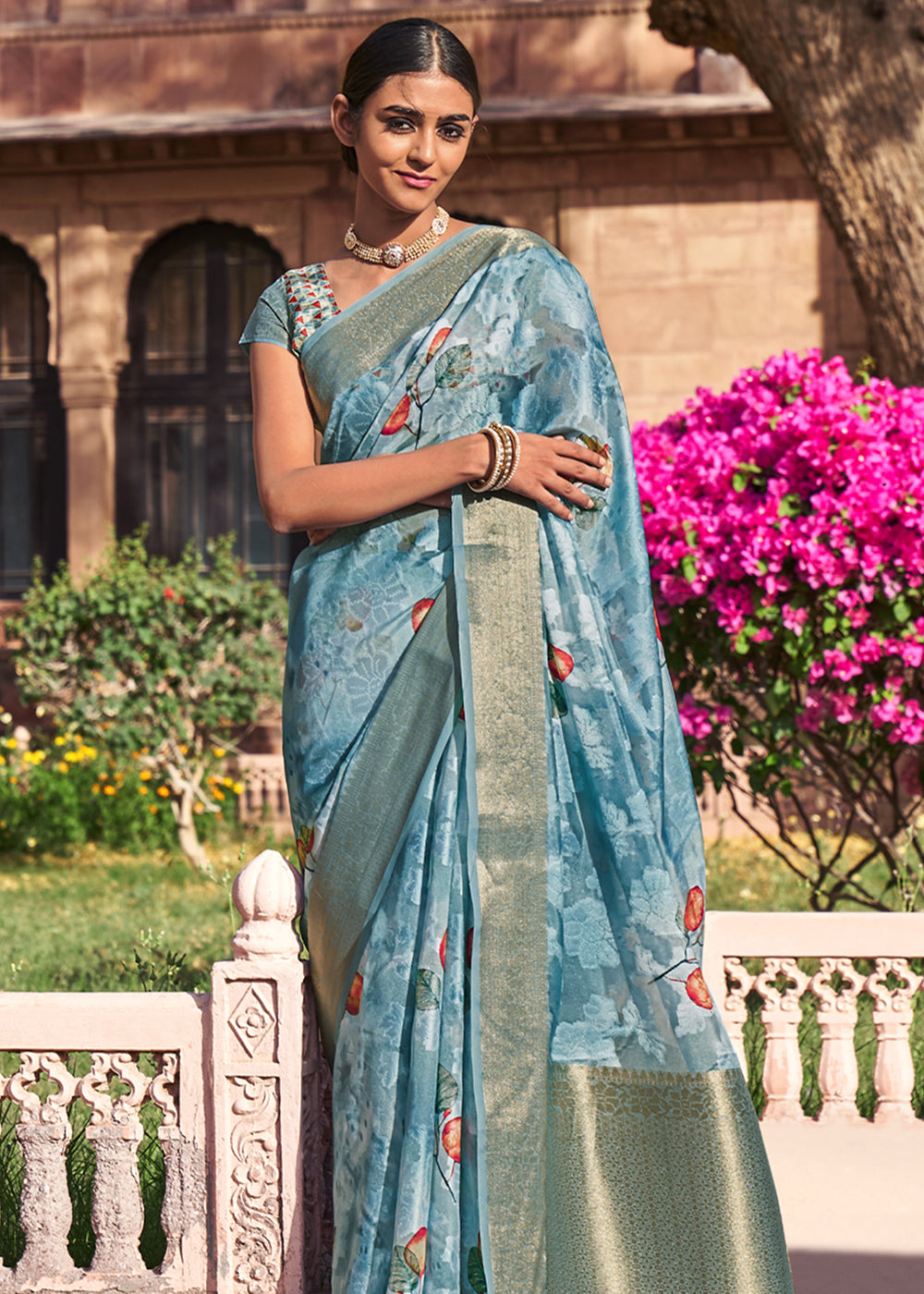 Juniper Blue Digital Printed Banarasi Cotton Saree