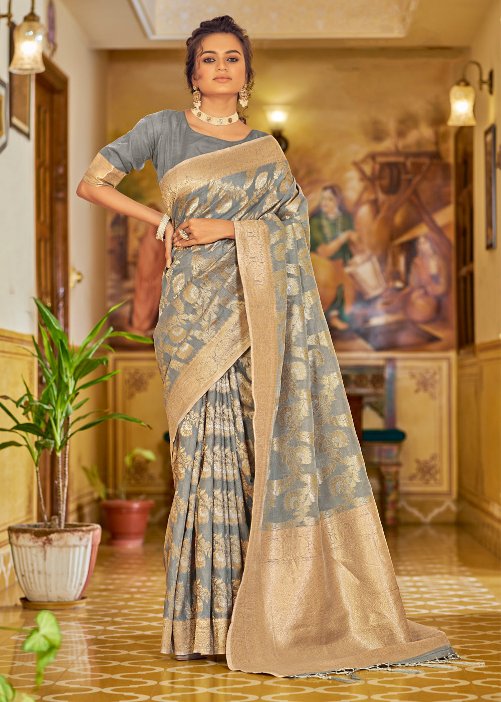 Natural Grey Zari Woven Banarasi Linen Saree