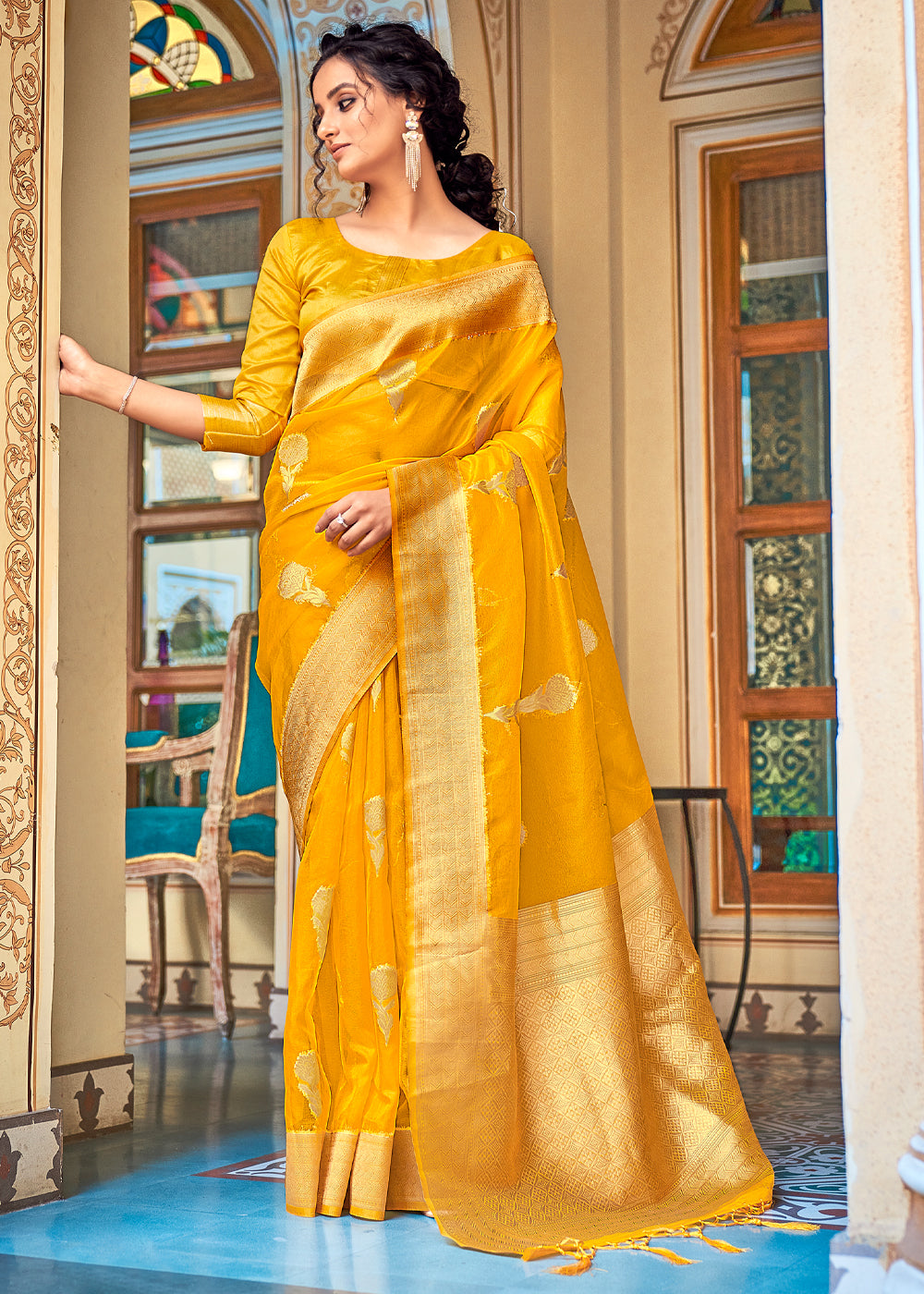 Glow Yellow Zari Woven Banarasi Organza Saree