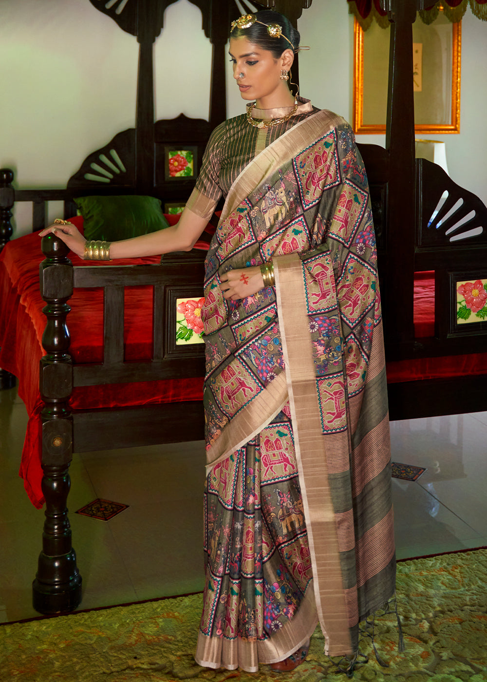 Thatch Brown and Green Designer Printed Silk Saree