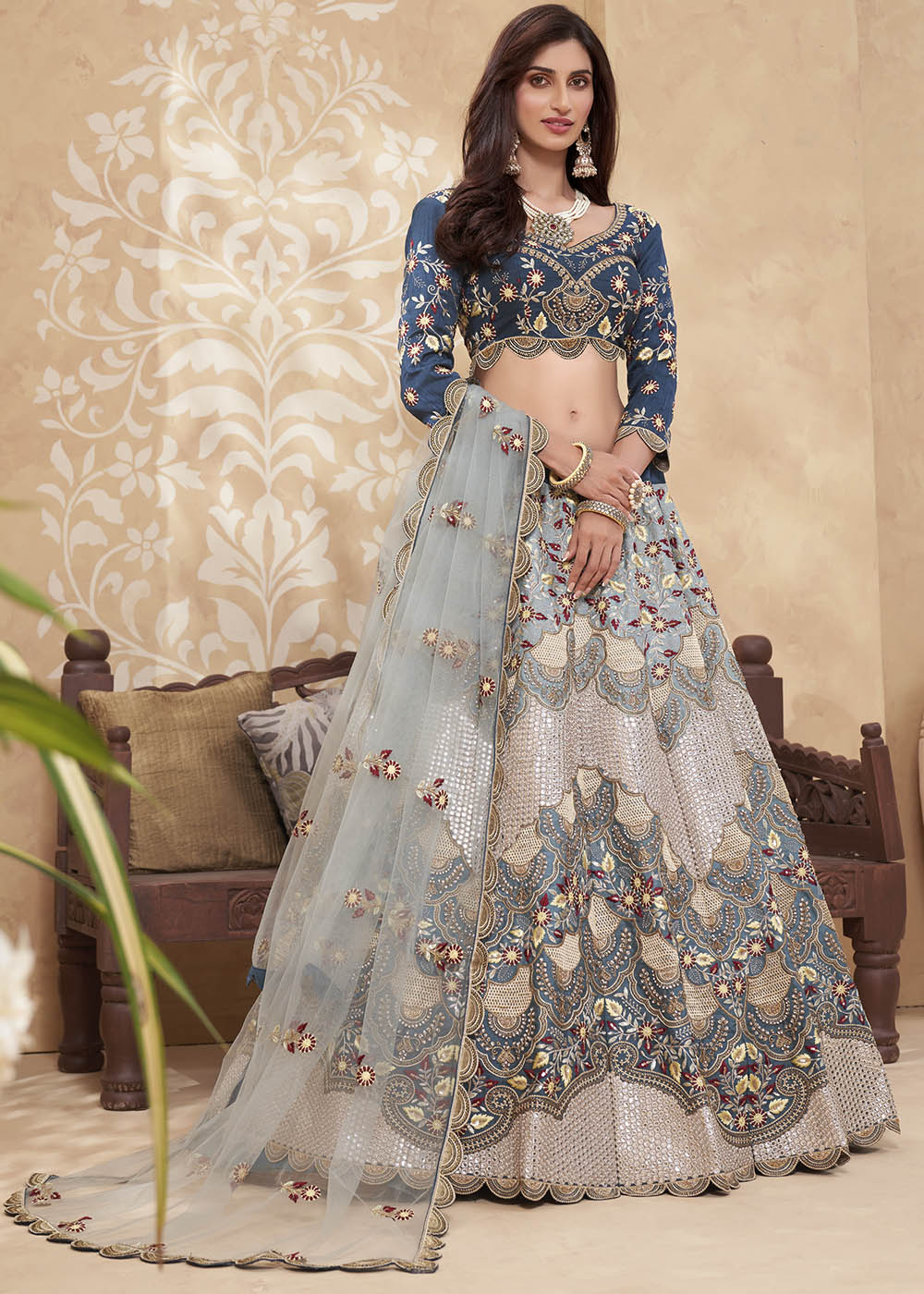 Fiord Blue and Grey Designer Net Lehenga with Multi Thread Embroidery Work