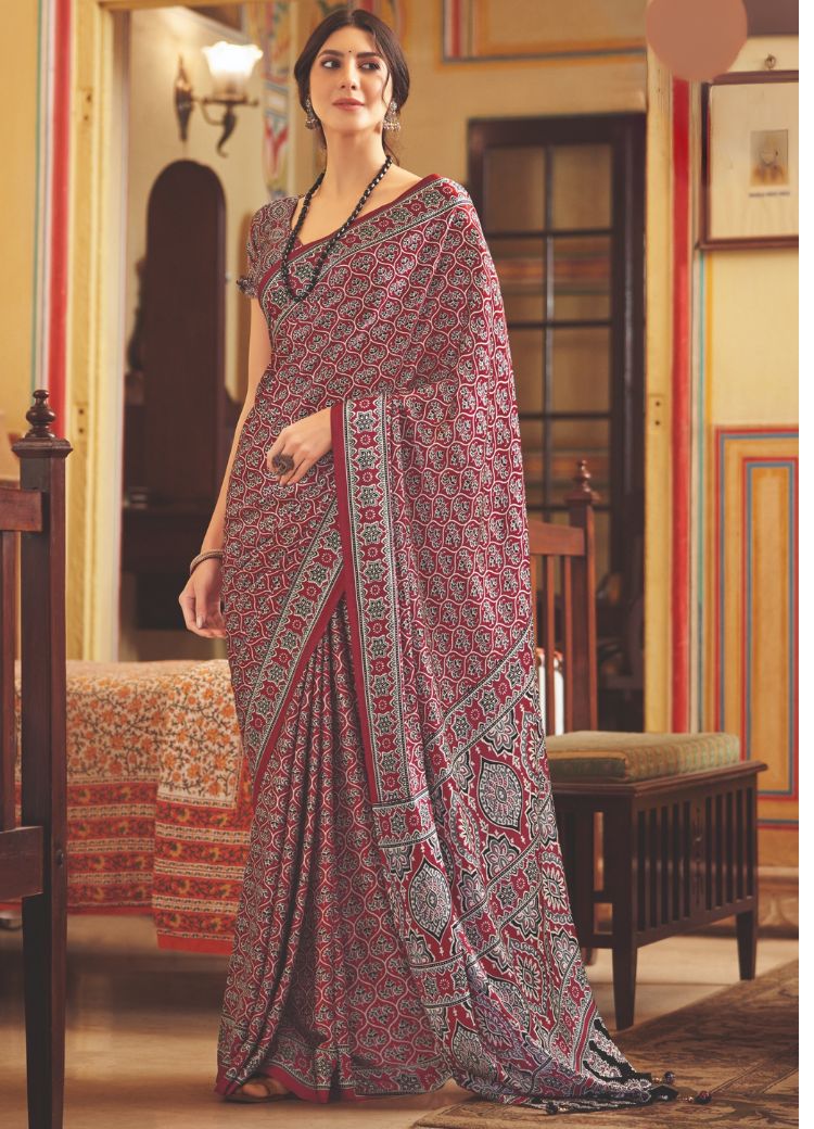 Chic Maroon Ajrakh Printed Satin Crepe Saree