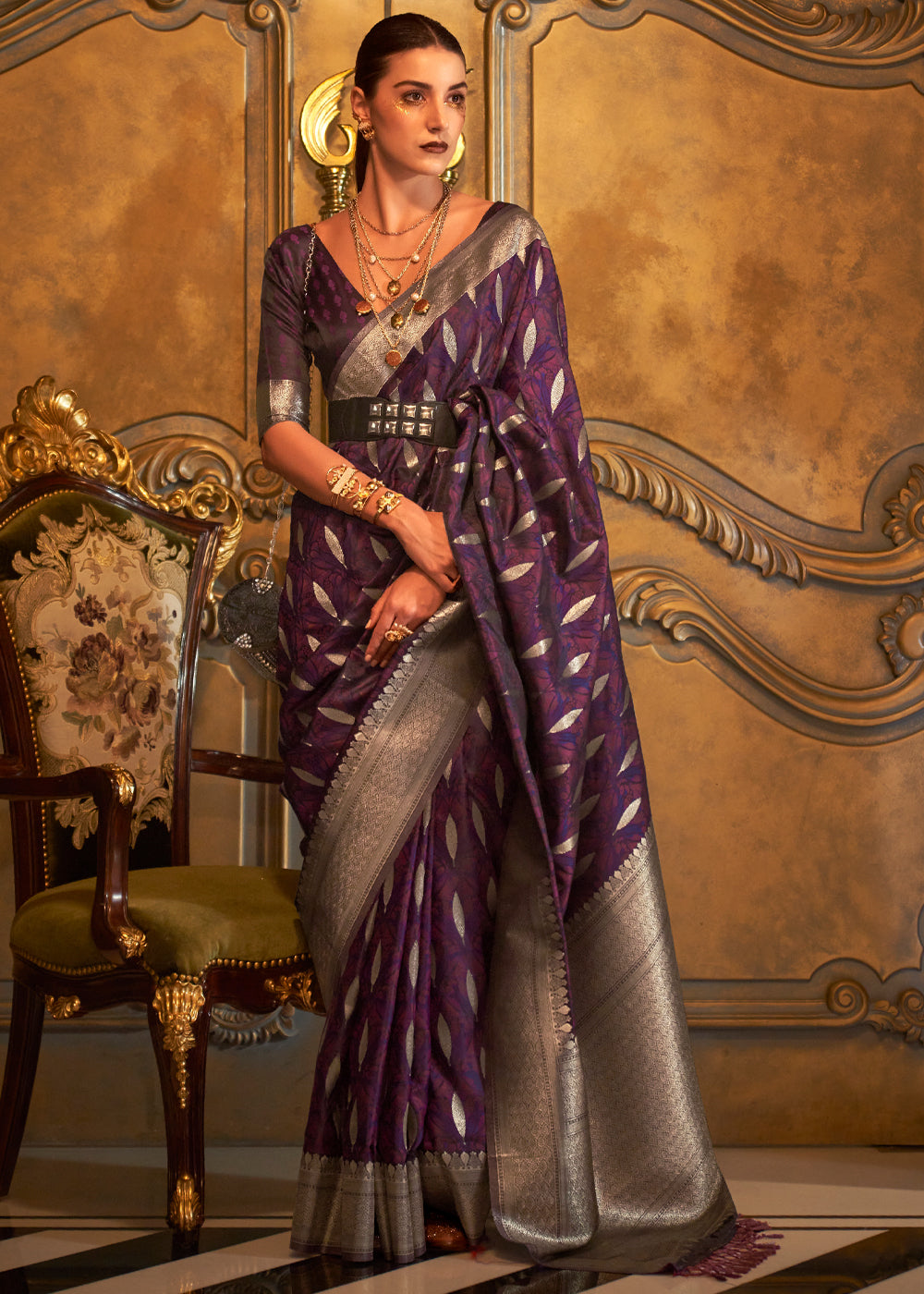 Woody Purple Banarasi Satin Silk Saree