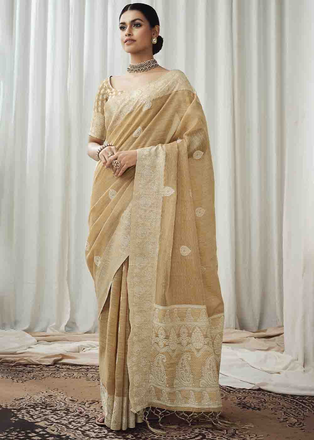 Twine Brown Chikankari Linen Saree