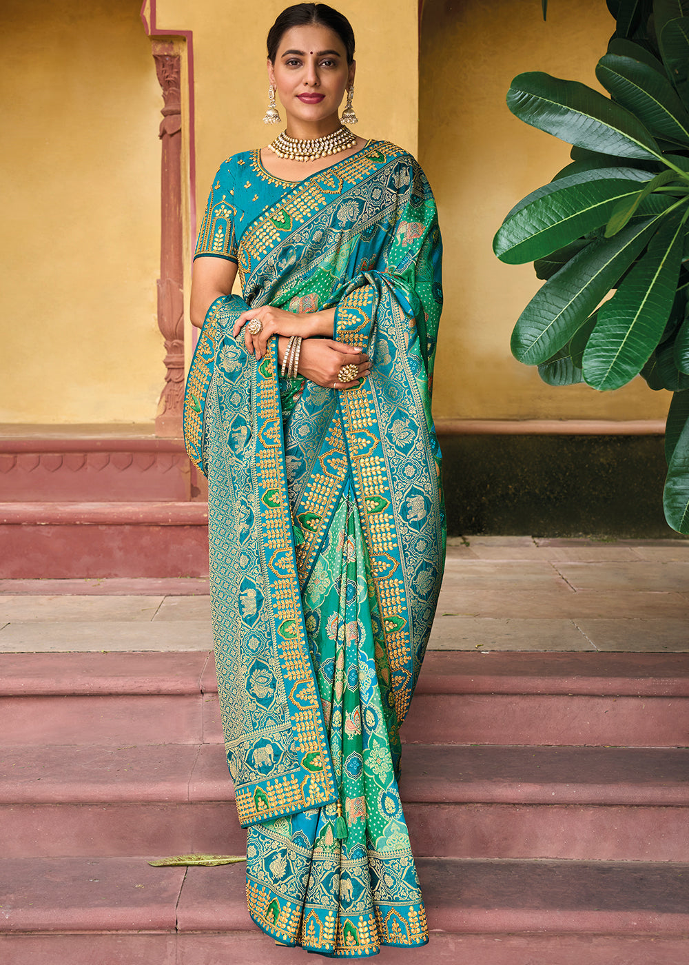 Acapulco Blue Green Embroidered Dola Silk Saree