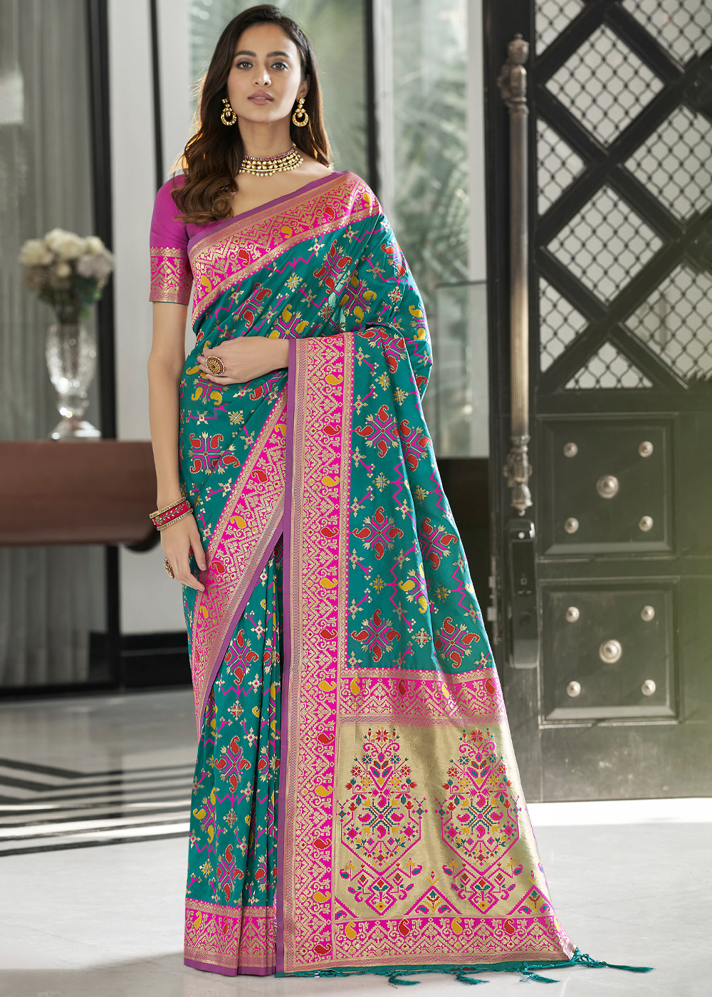 Paradiso Blue and Pink Zari Woven Banarasi Patola Saree