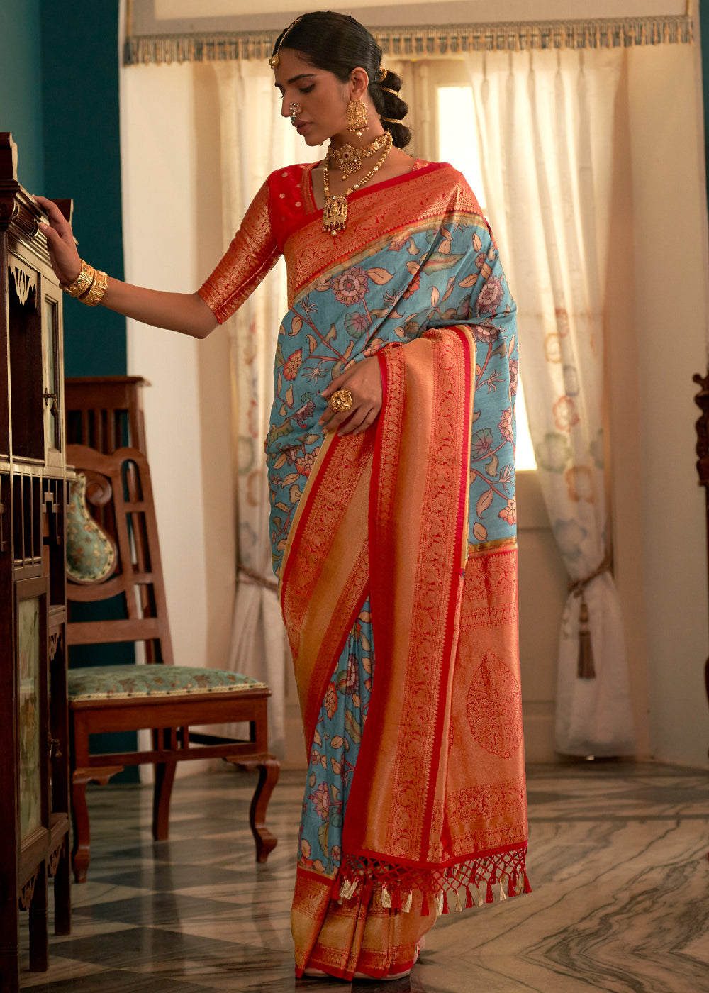 Surf Blue and Red Woven Banarasi Tussar Silk Kalamkari Saree