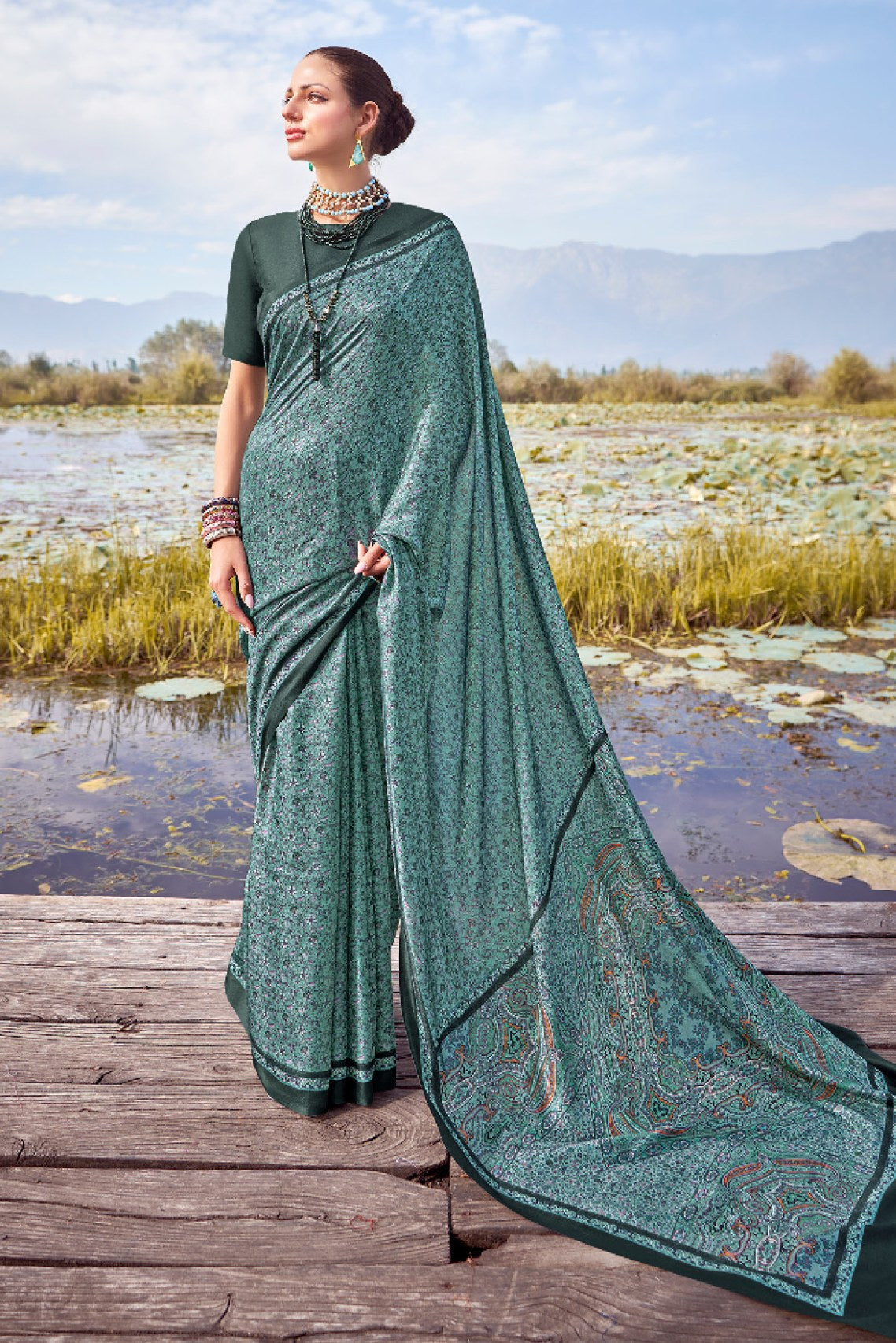 Teal Blue Printed Pashmina Silk Saree