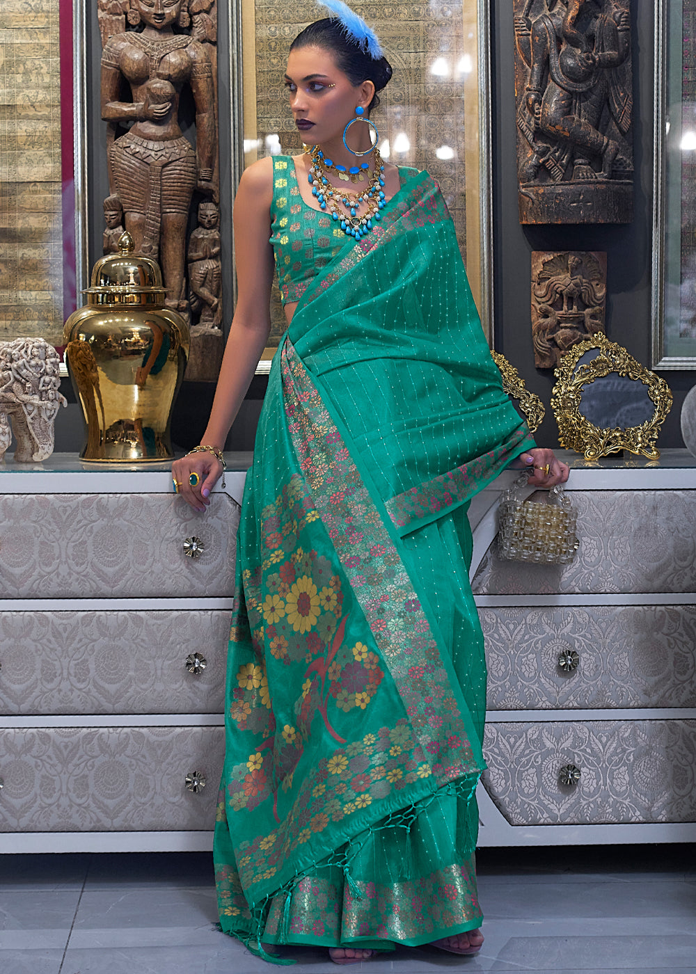 Niagara Green Woven Dual Tone Organza Banarasi Silk Saree