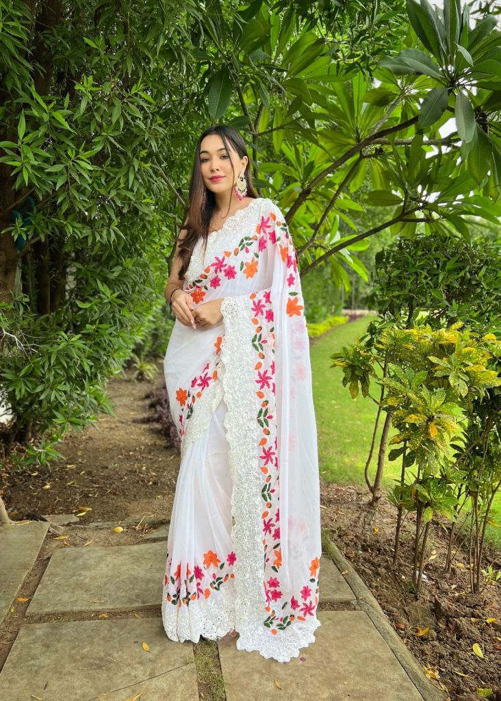 Porcelain White Georgette Embroidered Woven Thread and Shiffli Work Saree