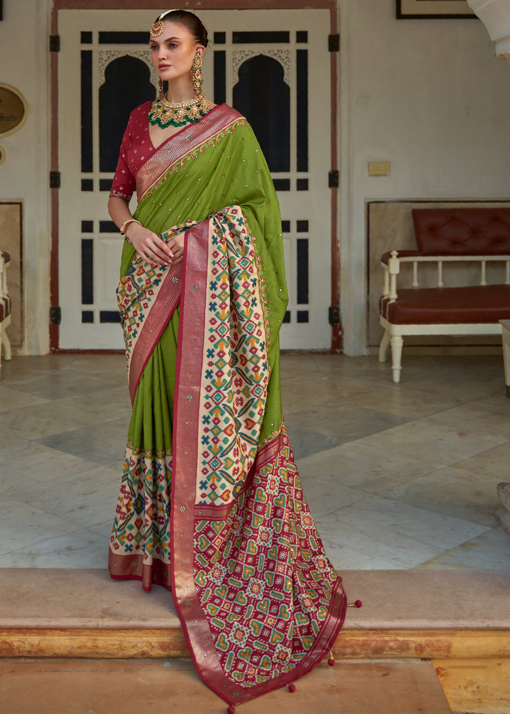 Olive Green and Red Woven Patola Silk Saree