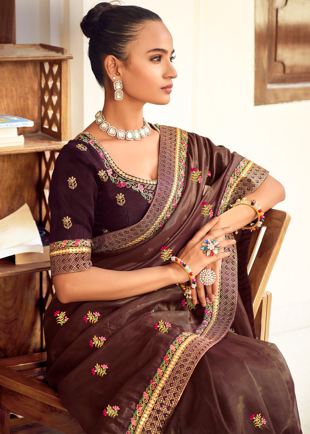 Roman Coffee Brown Woven Banarasi Georgette Silk Saree