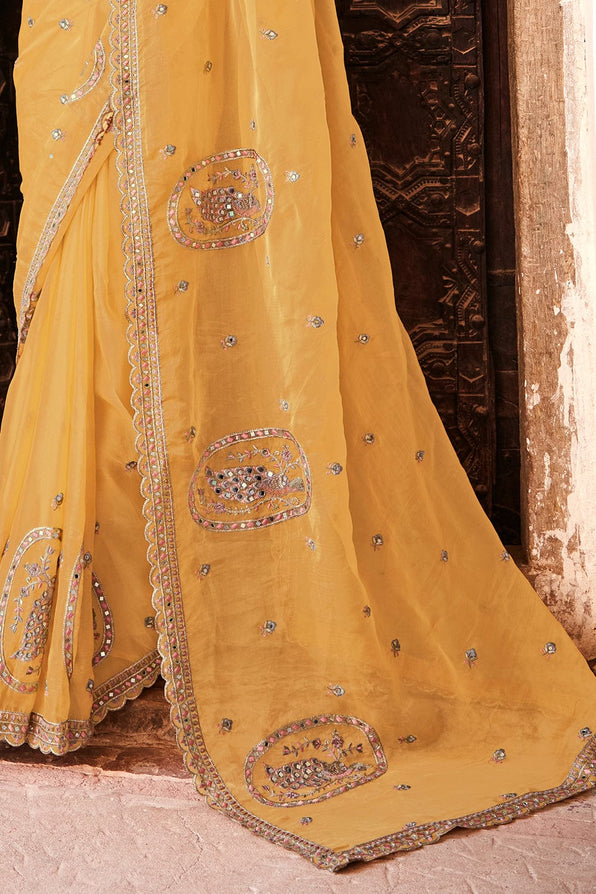 Porsche Yellow and Brown Organza Saree