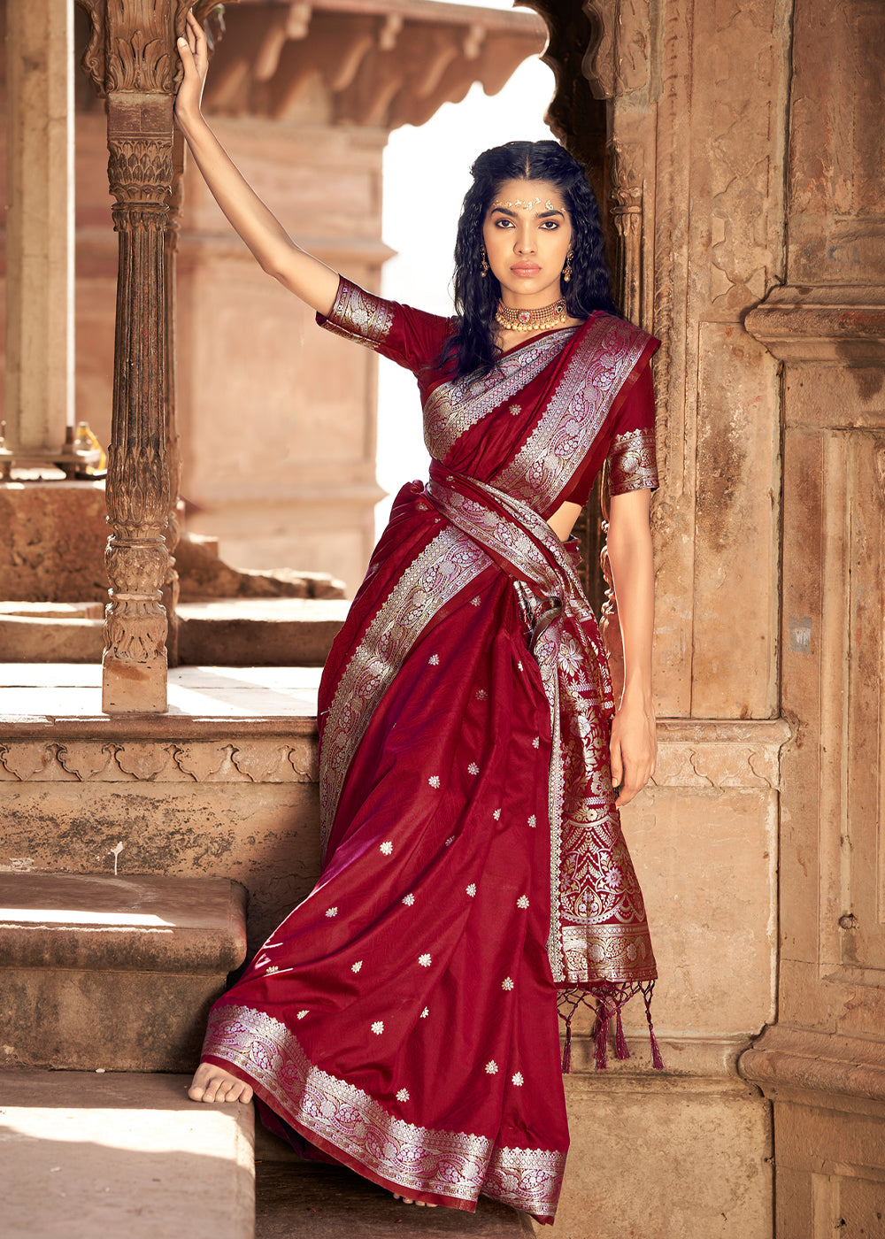 Dark Tan Maroon Woven Banarasi Satin Silk Saree