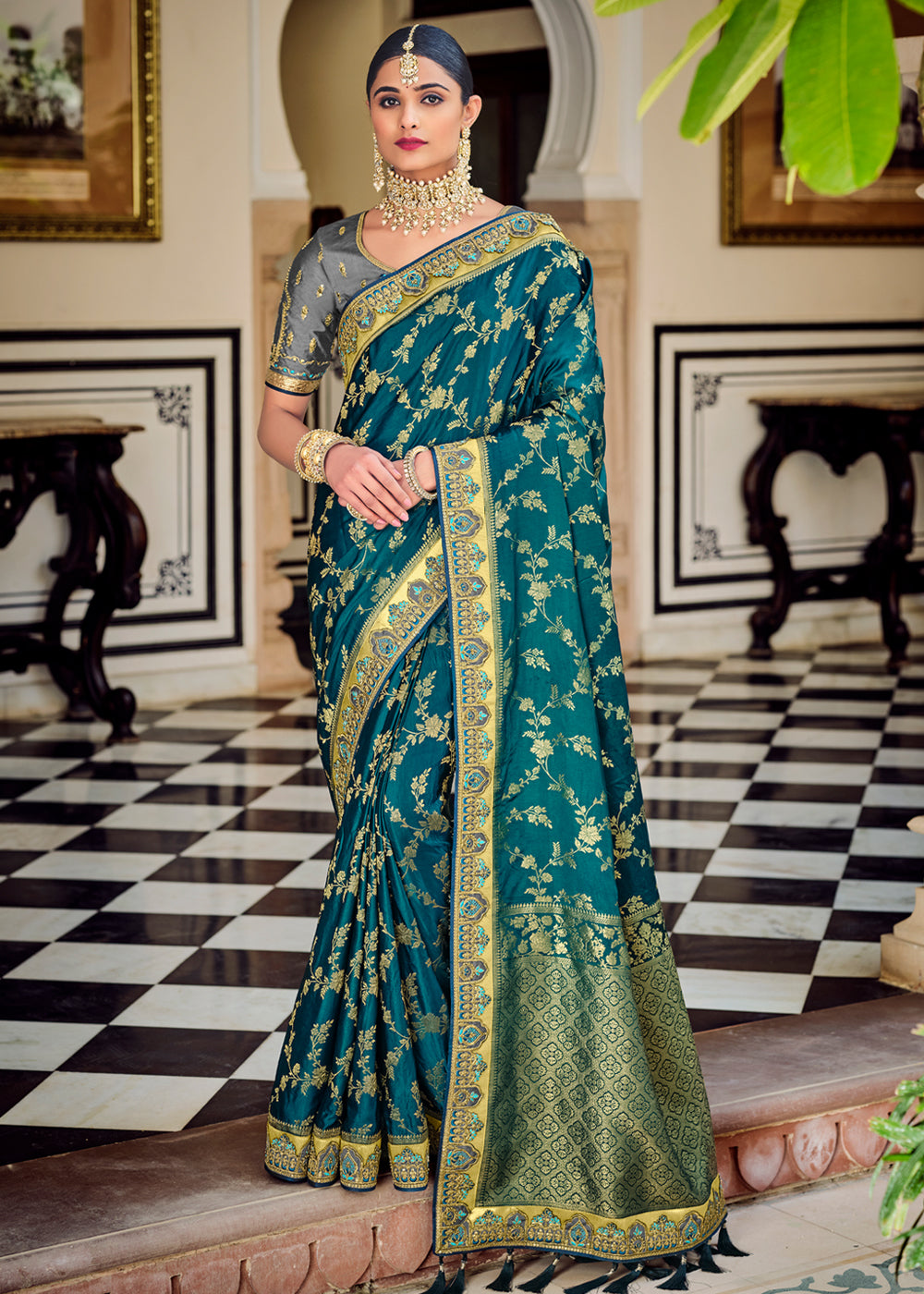 Nile Blue Zari Woven Designer Banarasi Saree