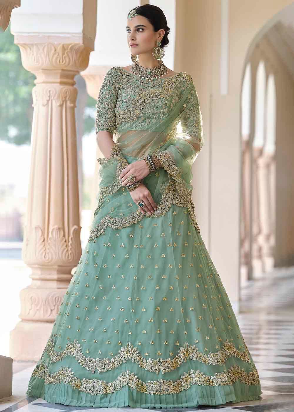 Oxley Green Soft Net Designer Lehenga Choli With Dori & Sequins Work