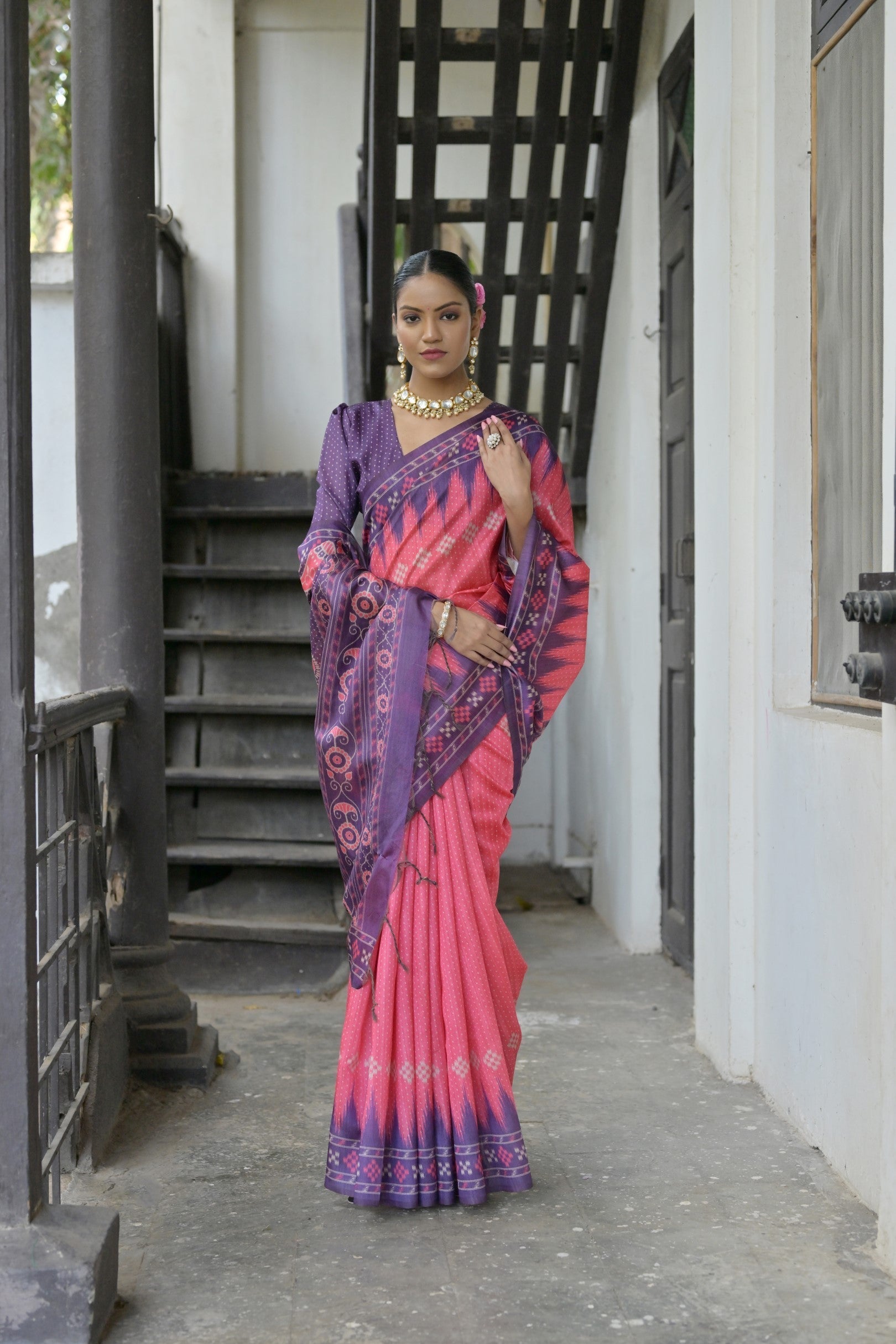 Blush Pink Printed Tussar Silk Saree