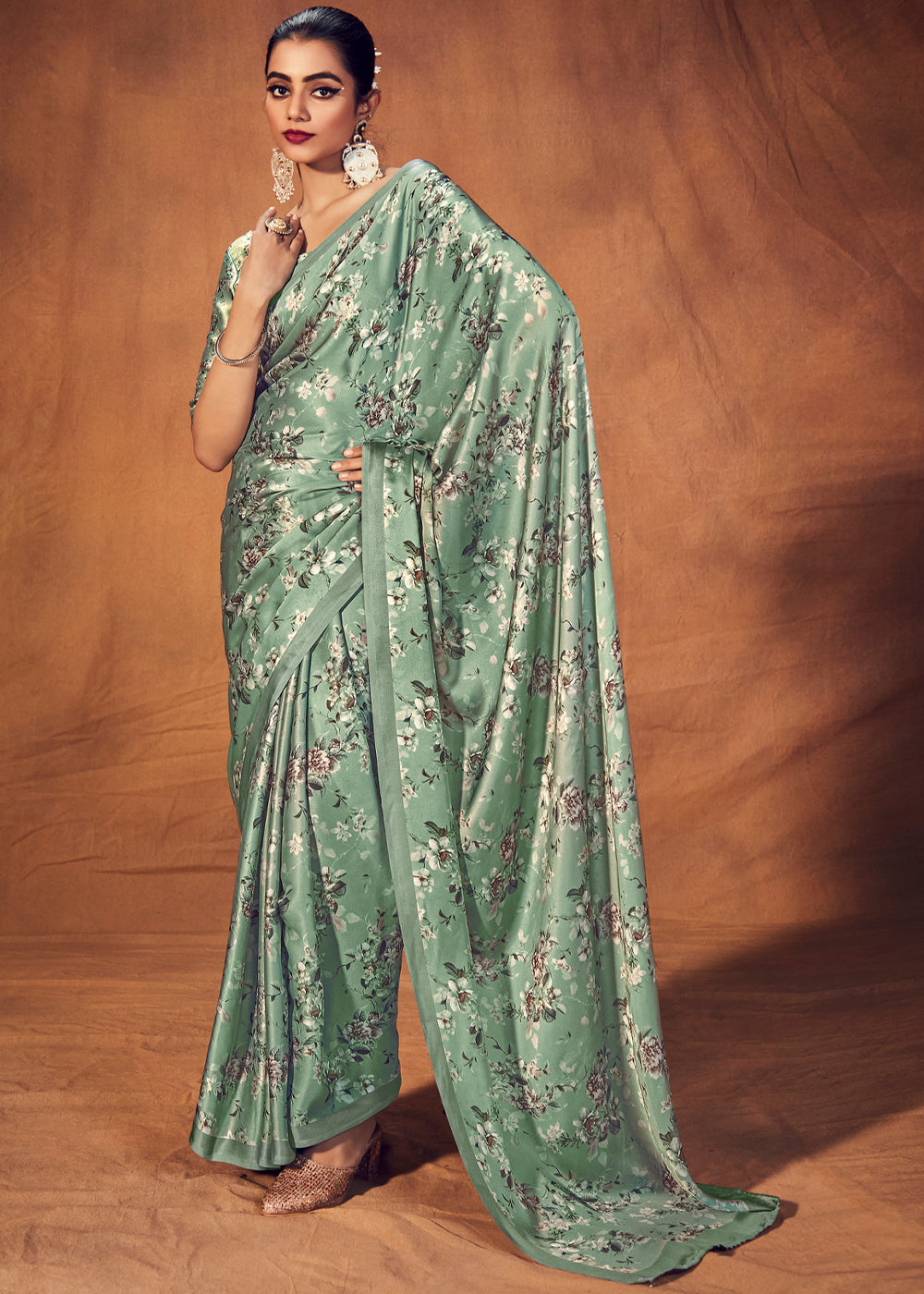 Battleship Green Digital Printed Satin Silk Saree