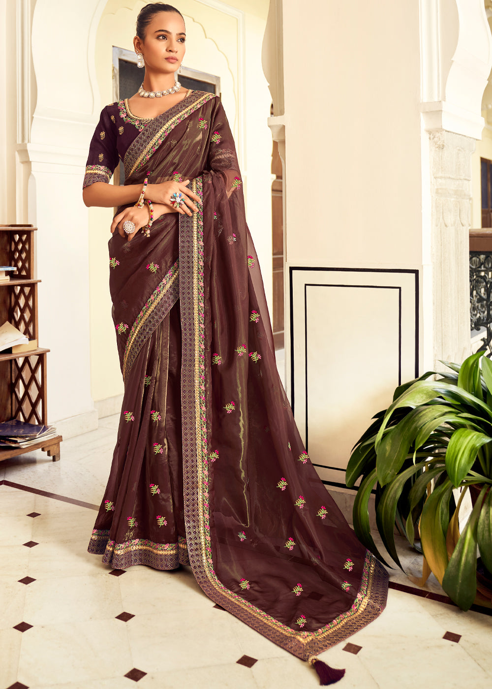 Roman Coffee Brown Woven Banarasi Georgette Silk Saree