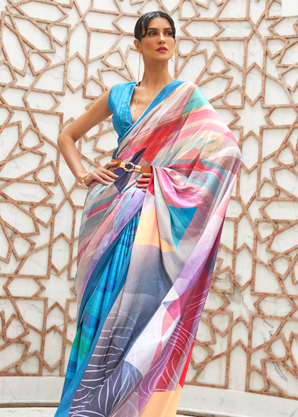 Astral Blue and White Kalamkari Printed Crepe Saree