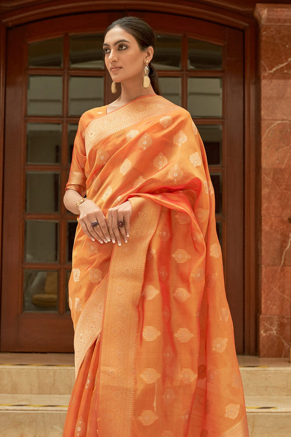 Caramel Orange Zari Woven Organza Silk Saree