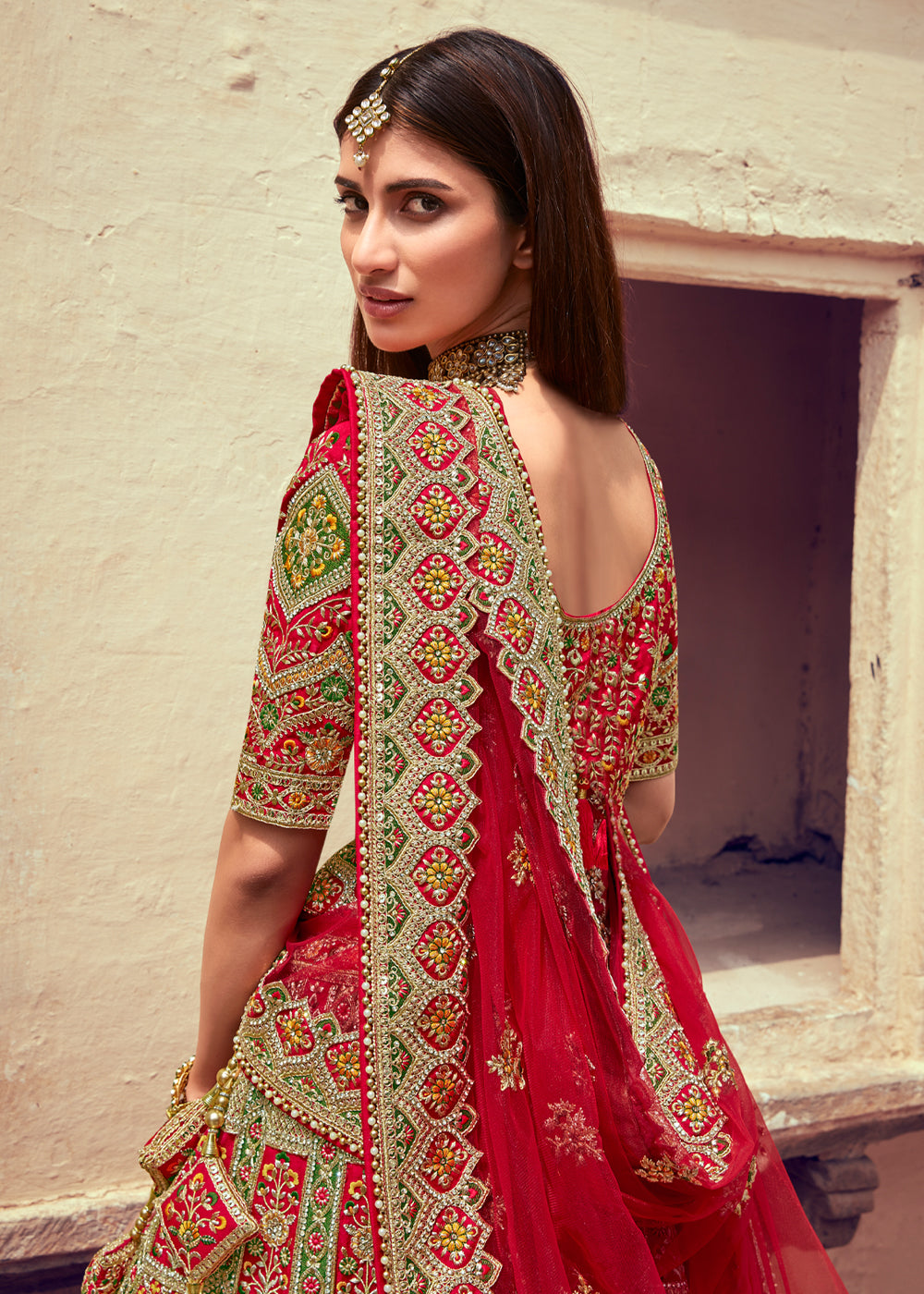 Tall Poppy Red and Orange Heavy Embroidered Designer Lehenga