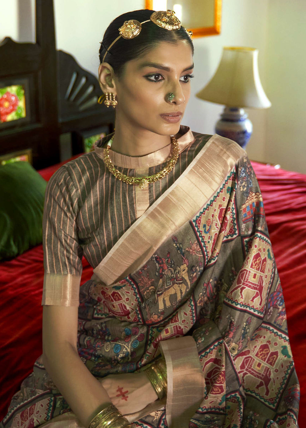 Thatch Brown and Green Designer Printed Silk Saree