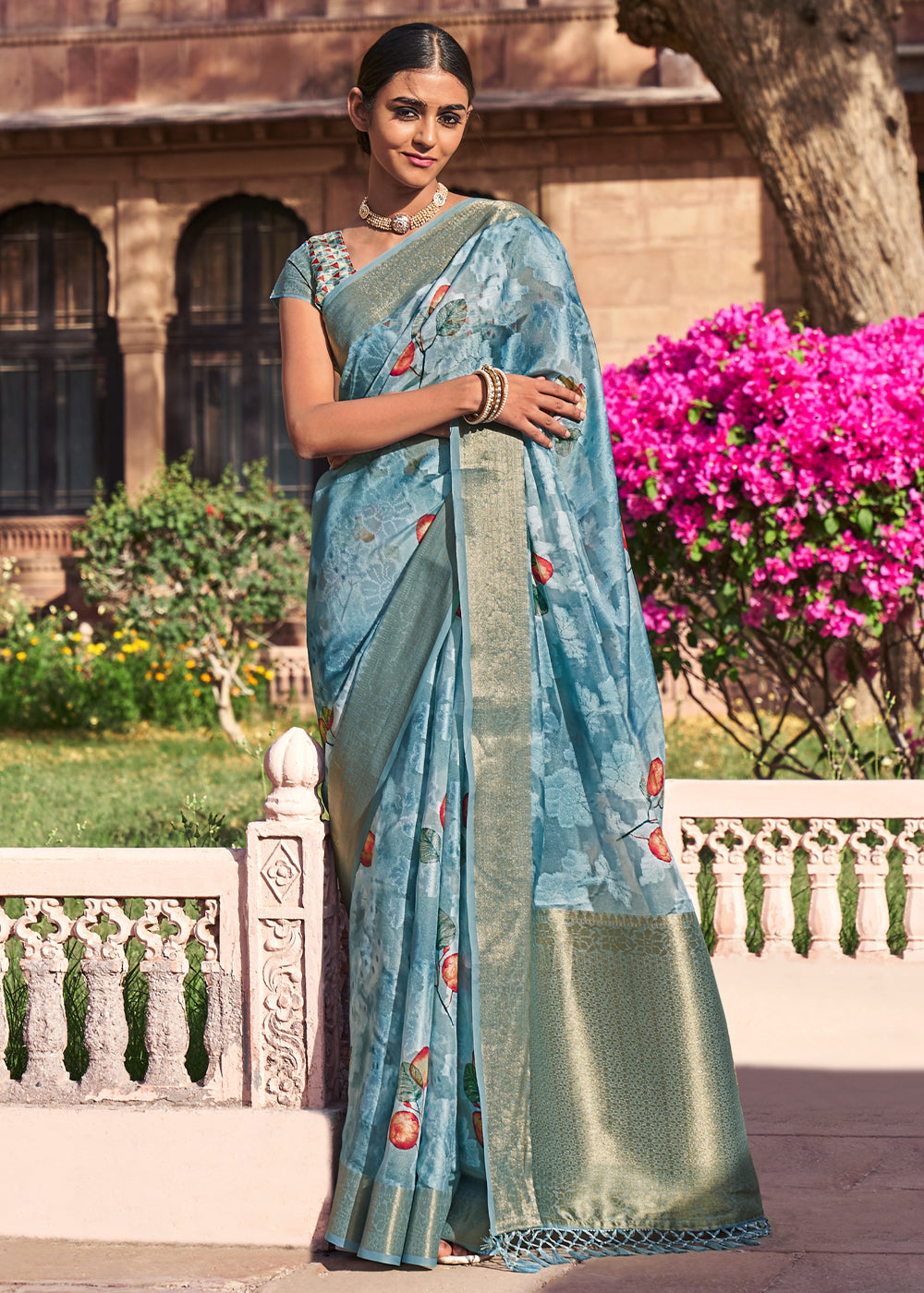 Juniper Blue Digital Printed Banarasi Cotton Saree