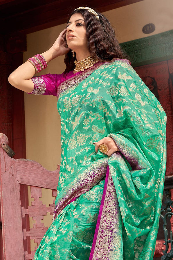 Silver Tree Green and Pink Organza Saree