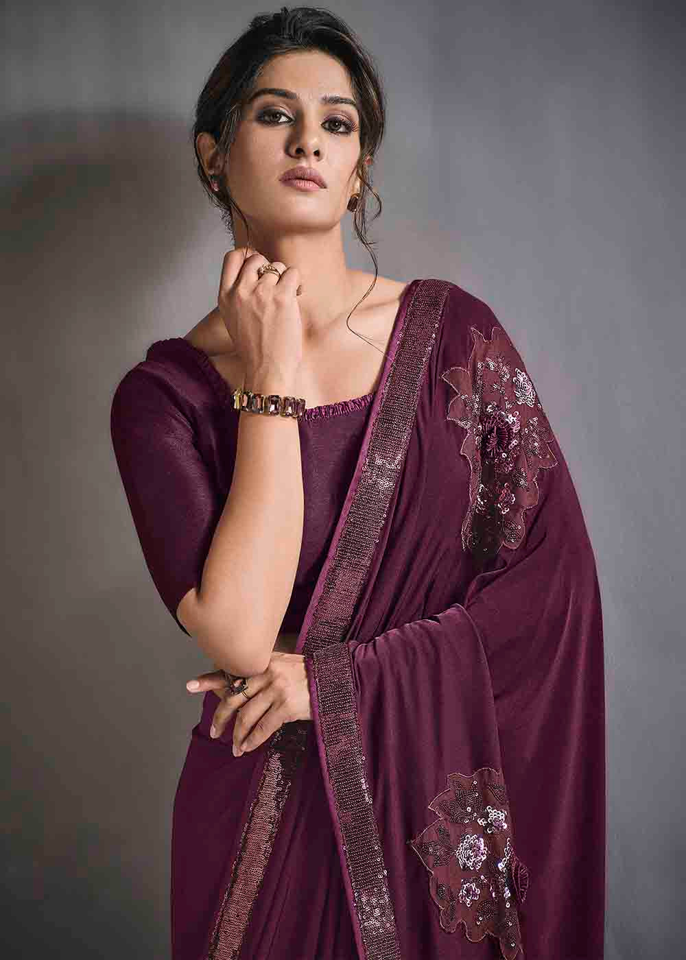 Sugar Plum Purple Designer Lycra Saree with Embroidery Work