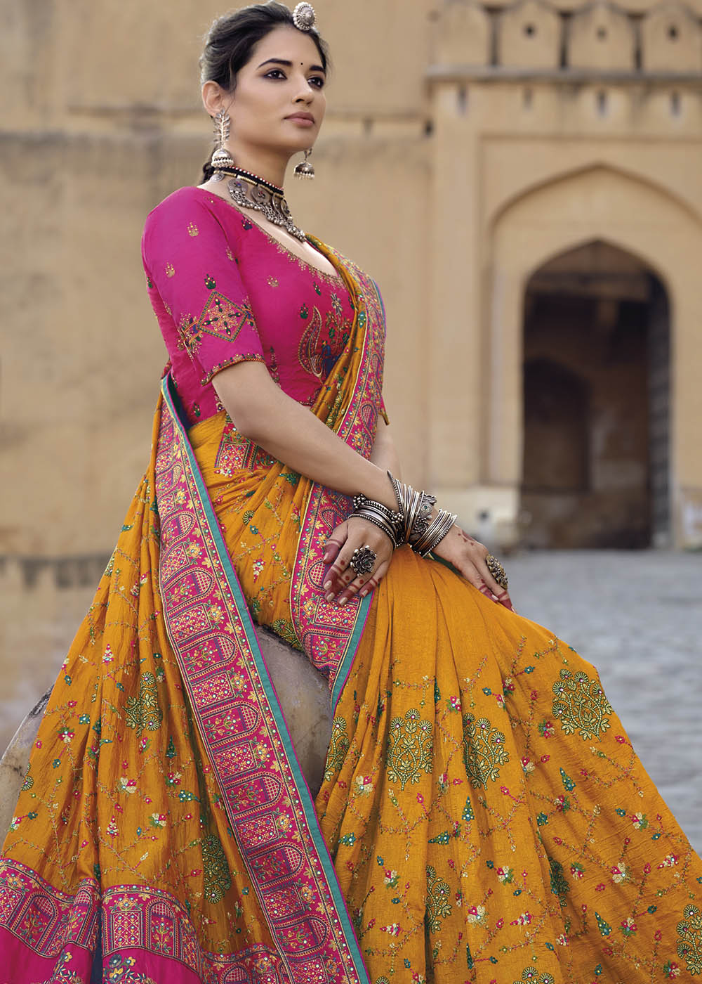 Punch Yellow Banarasi Saree with Kachhi,Mirror and Diamond Work