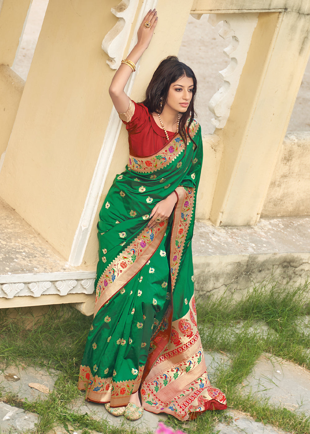 Fruit Green and Red Zari Woven Banarasi Paithani Saree