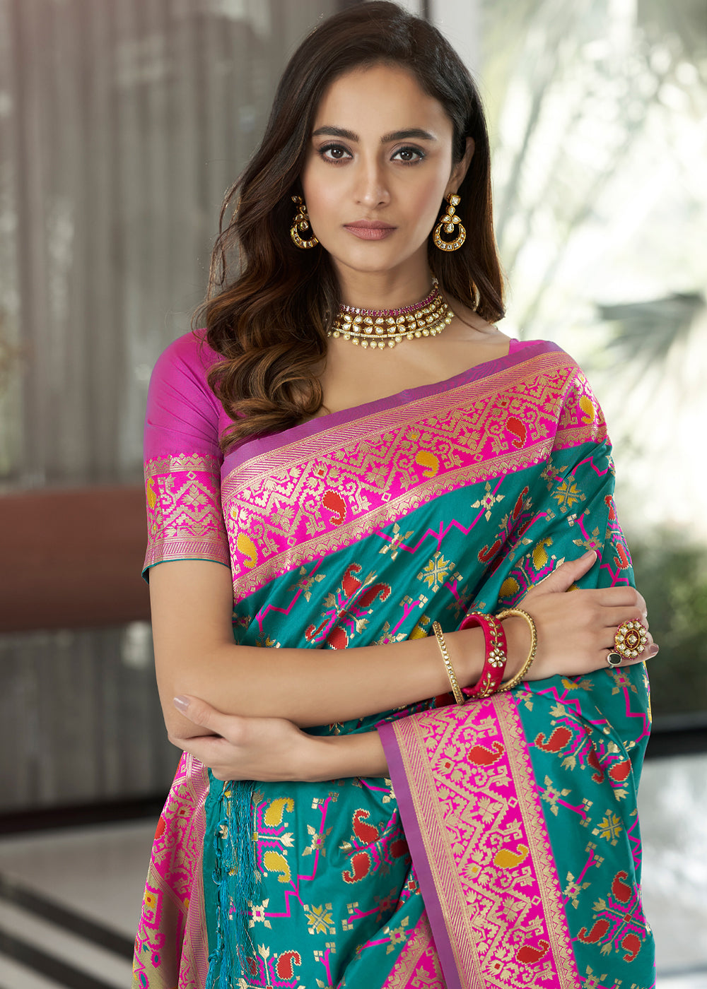 Paradiso Blue and Pink Zari Woven Banarasi Patola Saree