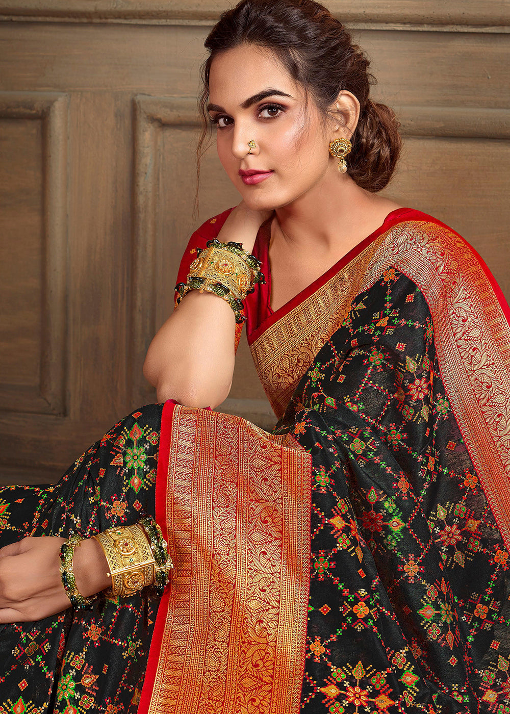 Dune Black and Red Zari Woven Banarasi Saree