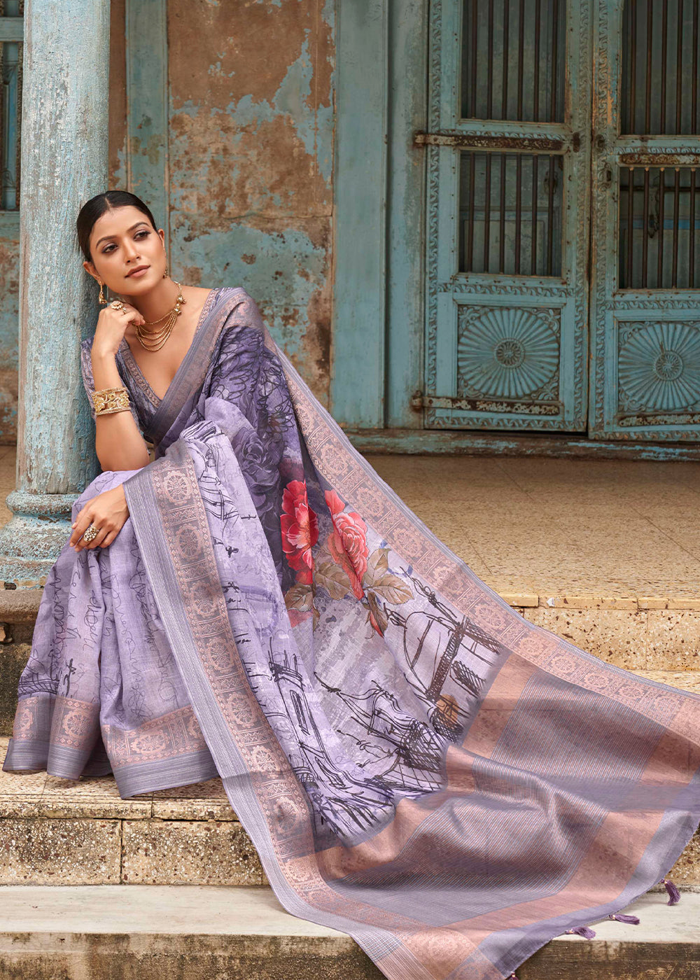 Glossy Grape Purple  Floral Printed Linen Silk Saree