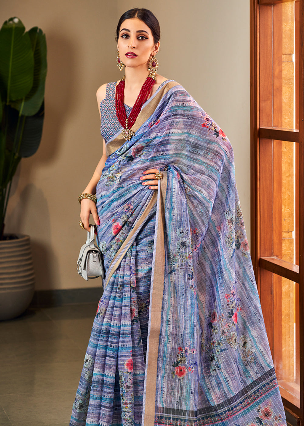 Blue Yonder Linen Saree with Digital Print