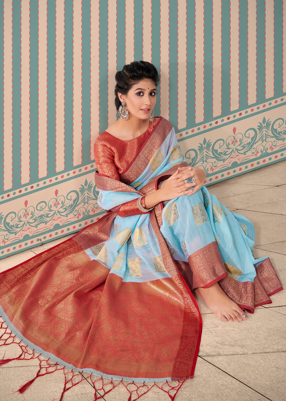 Rock Blue Zari Woven Banarasi Brocade Linen Saree