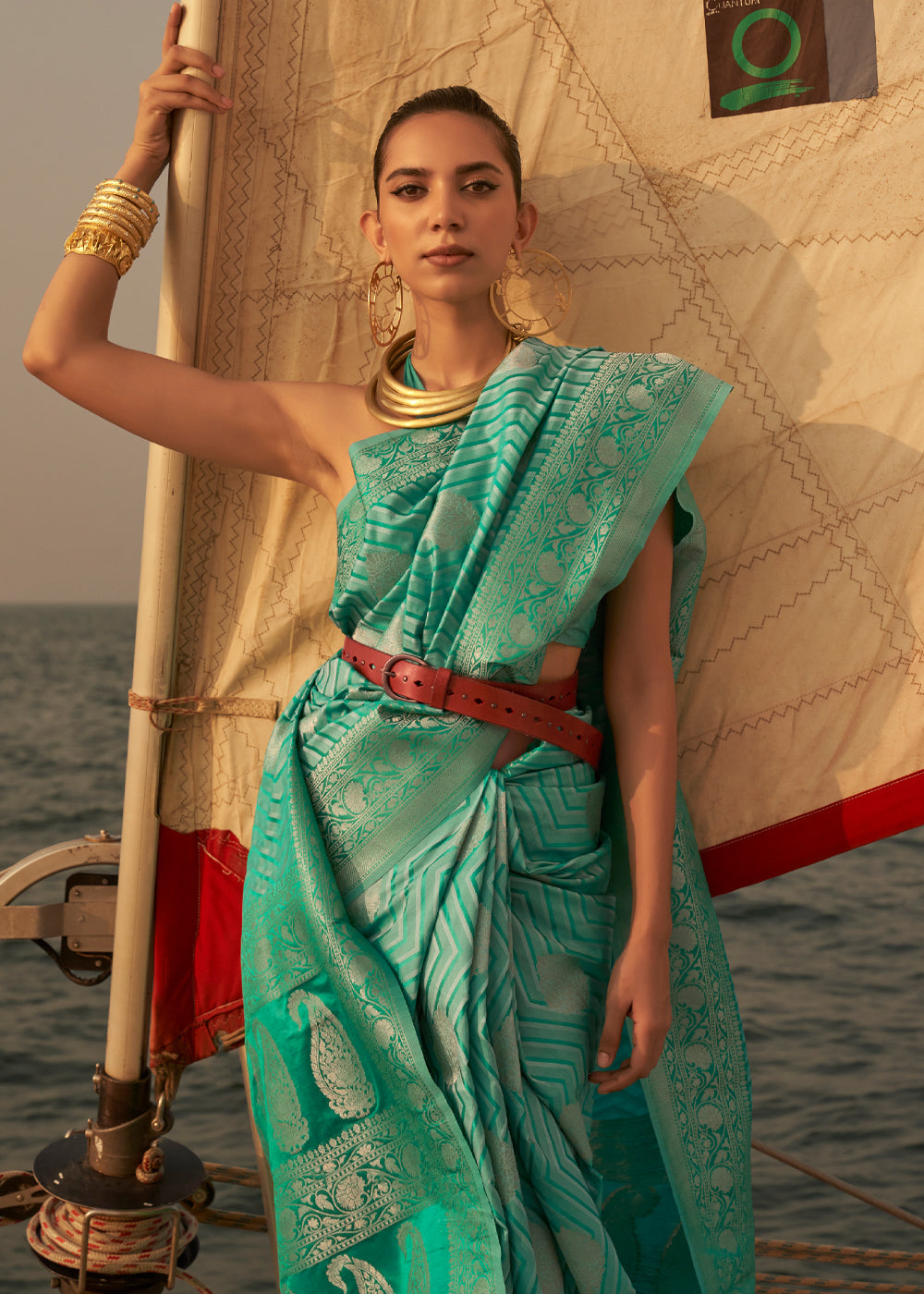 Ocean Green Dual Tone Banarasi Satin Silk Saree