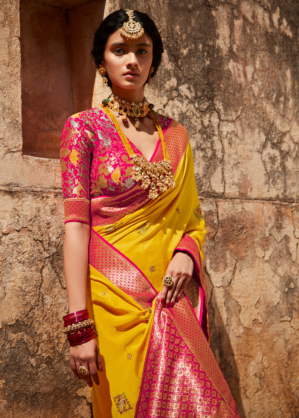 Fuel Yellow and Pink Zari Woven Designer Banarasi Saree