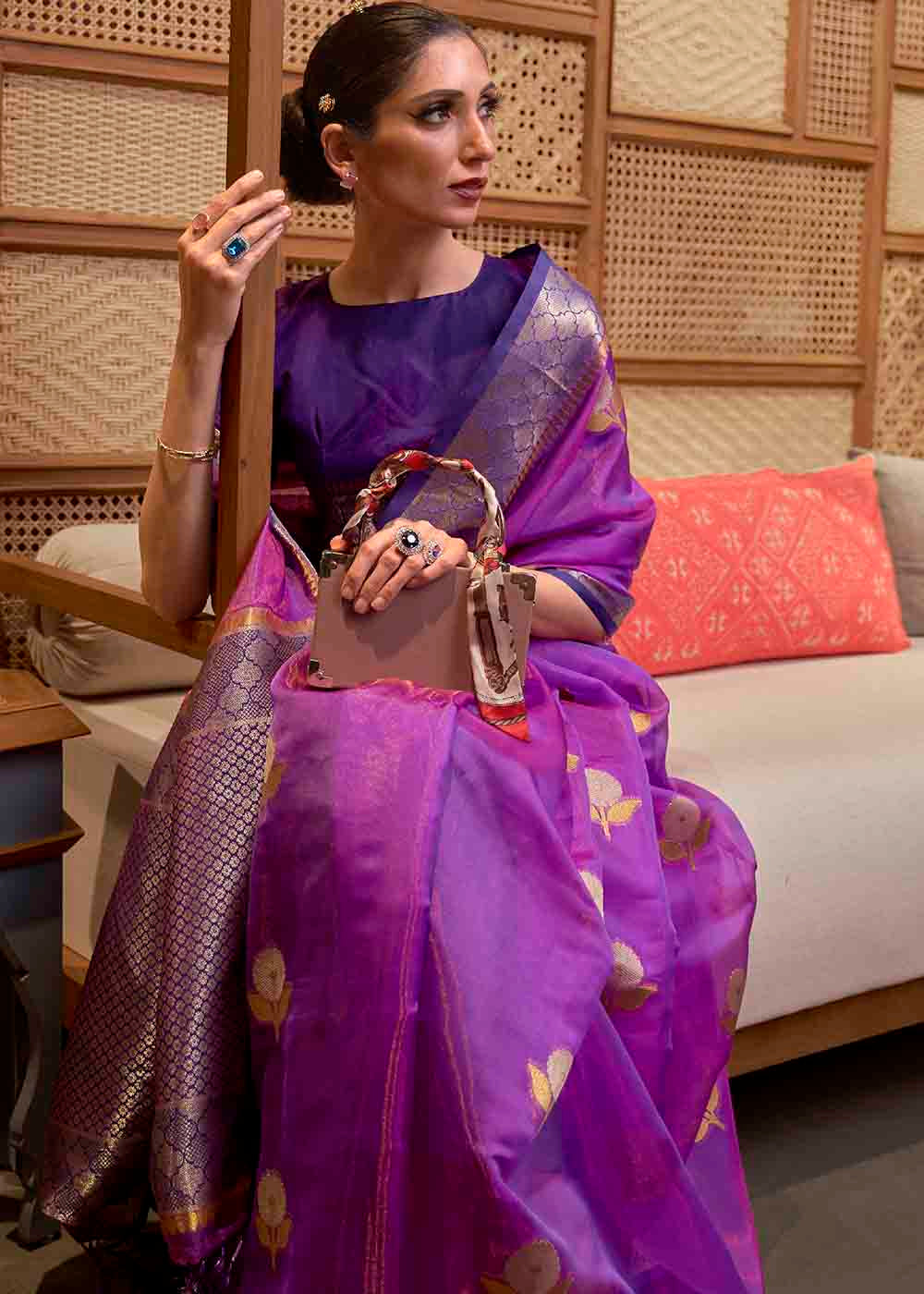 Plum Purple Zari Woven Two Tone Organza Saree