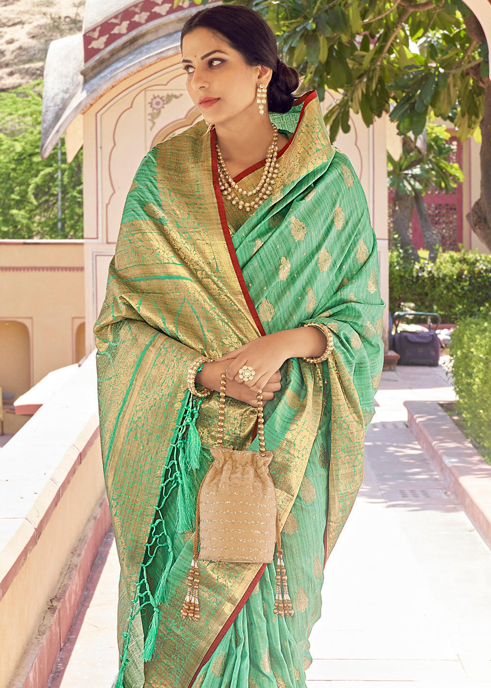 Spring Green Zari Woven Banarasi Linen Saree