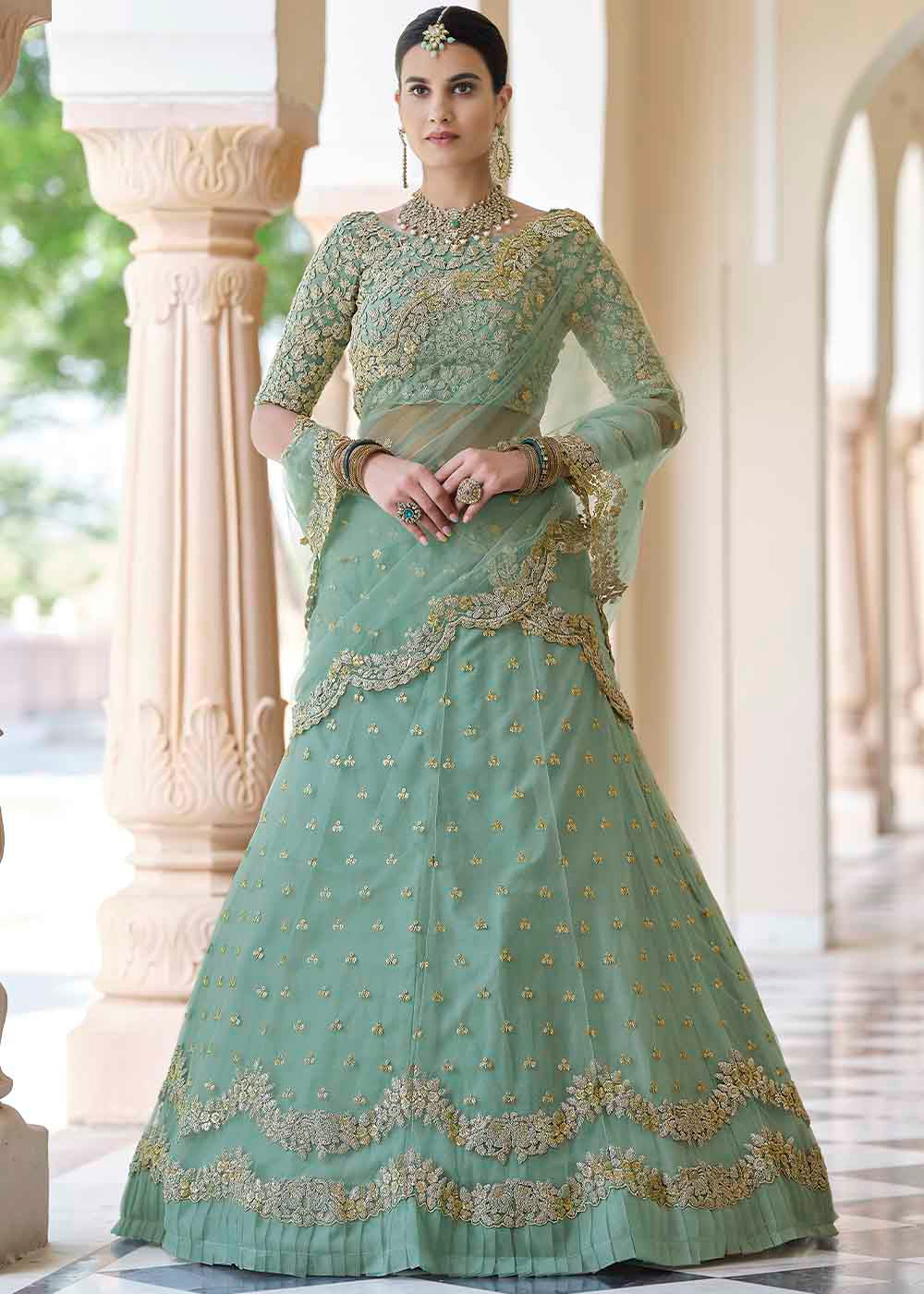 Oxley Green Soft Net Designer Lehenga Choli With Dori & Sequins Work